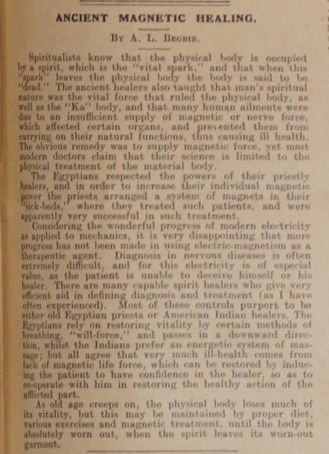 "Ancient Magnetic Healing." Light: A Journal of Spiritual Progress & Psychical Research 42, no. 2146 (February 25, 1922)