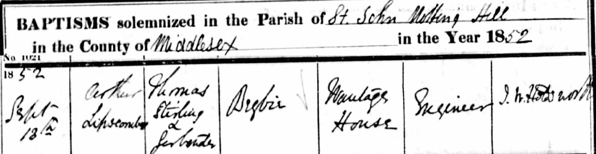 Baptism 13 Sep 1852 Saint John the Evangelist, Ladbroke Grove, Lansdowne Crecent, Kensington